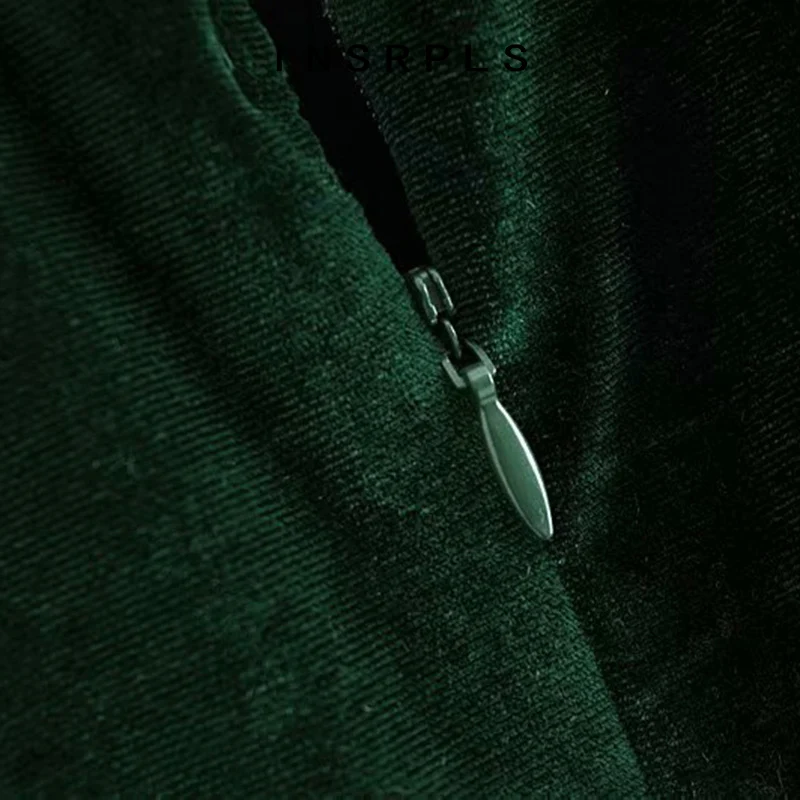 

INSRPLS Women Elegant Fashion Ruffled Velvet Mini Dress Vintage Three Quarter Sleeve Back Zipper Female Dresses Vestidos