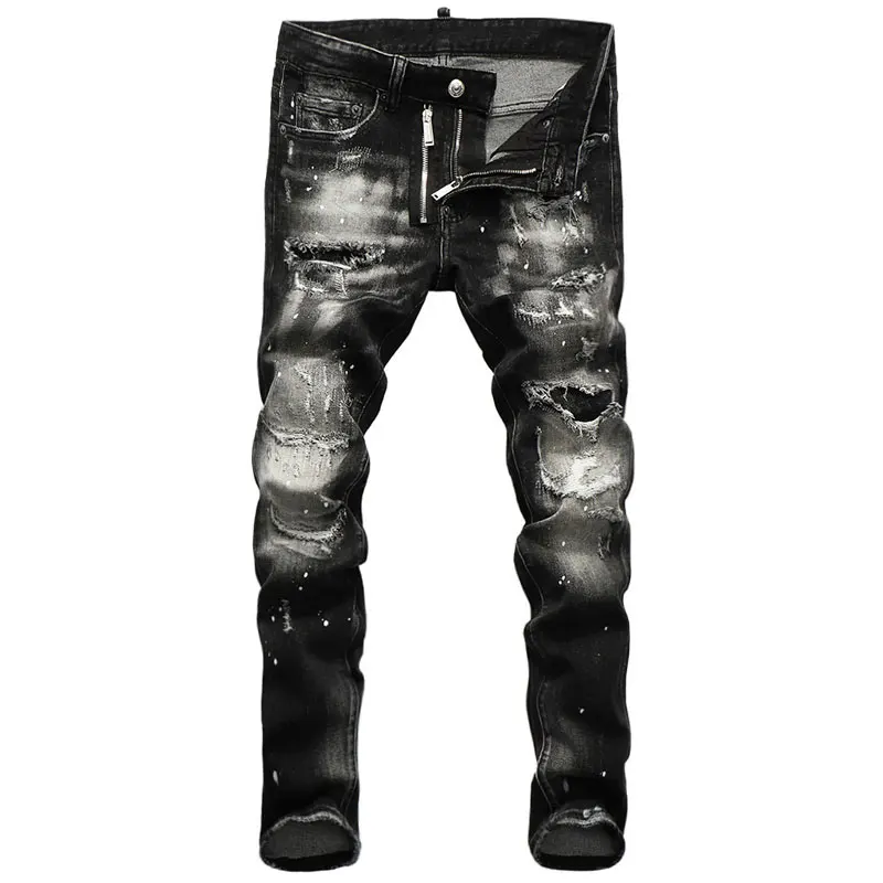 European American Street Fashion Men Jeans Retro Black Gray Destroyed Slim Ripped Jeans Men Designer Hip Hop Denim Punk Pants