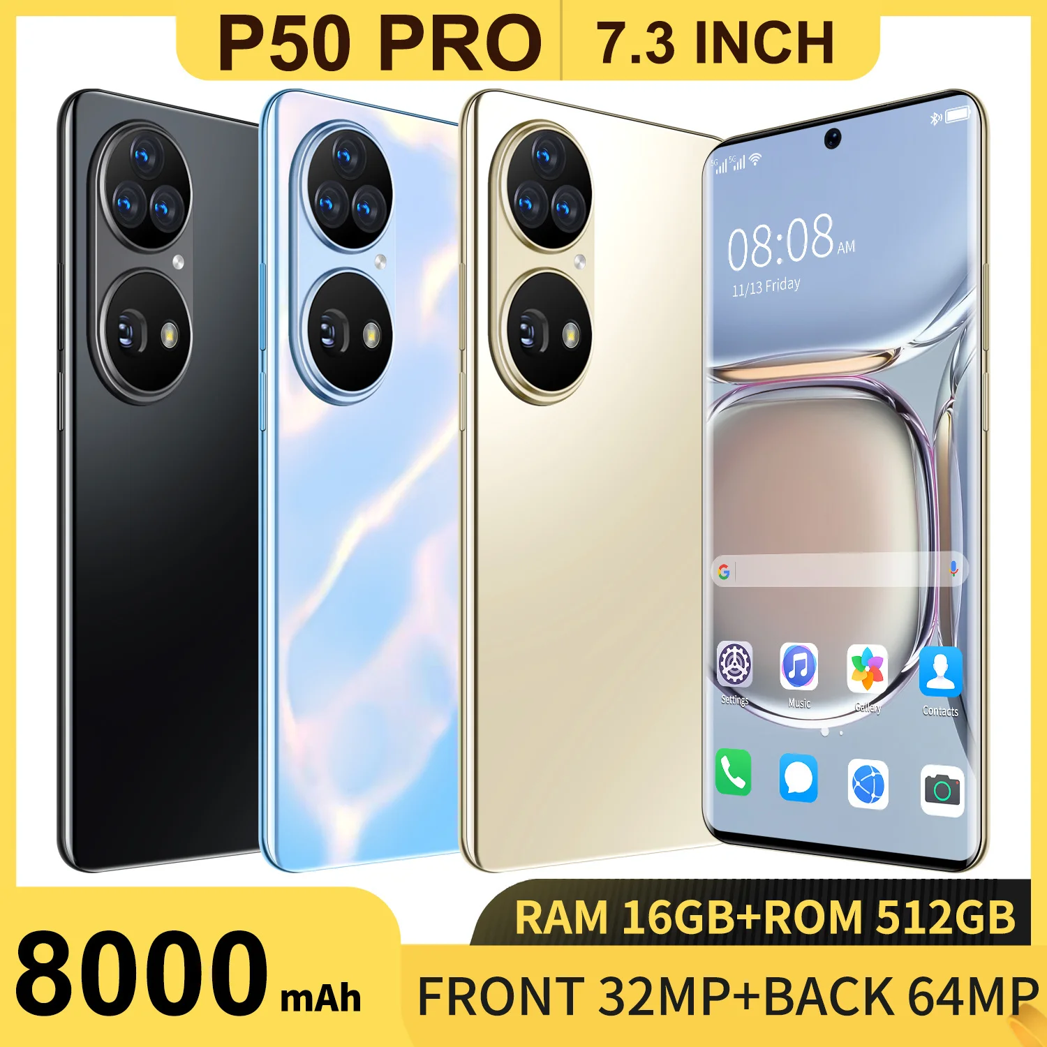 

Hot Global Version P50 Pro 7.3 Inch Cell Phone Full Screen 8000mAh 16+512GB 32+64MP Face ID Unlock 4G 5G Android 11 Smartphone