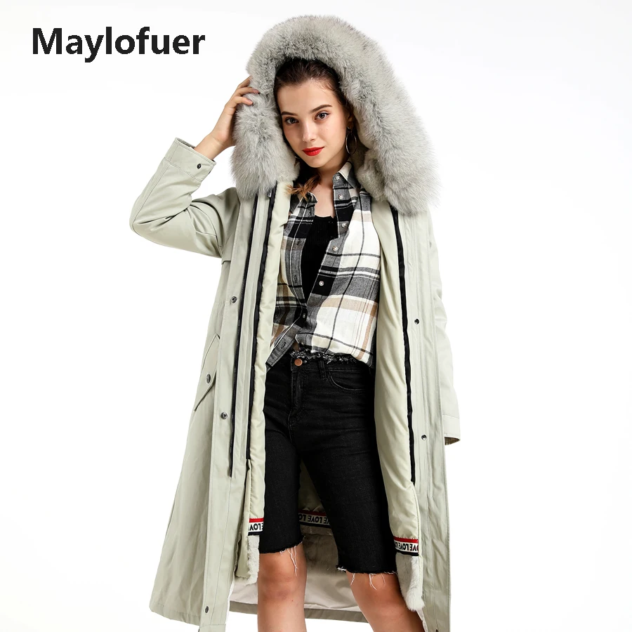 Maylofuer Настоящий мех кролика теплая парка классический стиль для женщин натуральный мех пальто с капюшоном зимние меховые парки с полиэстеровой подкладкой