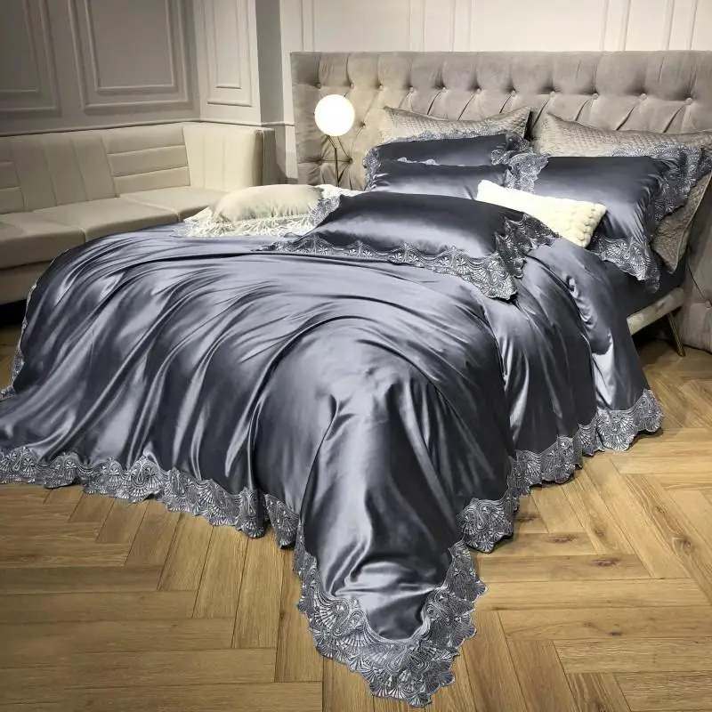 Комплект постельного белья из сатина хлопка кружева белого и серебристого цвета