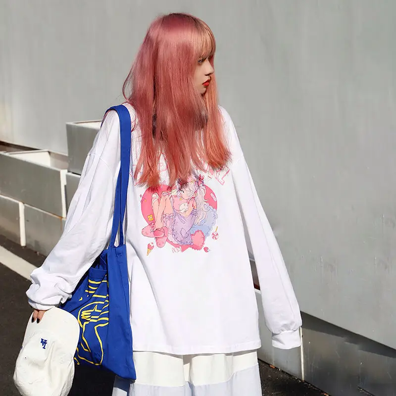 

MINGLIUSILI INS Harajuku T-shirts for Women 2021 Spring Graphic T Shirts Women Fashion Anime Print Long Sleeve T Shirt Women