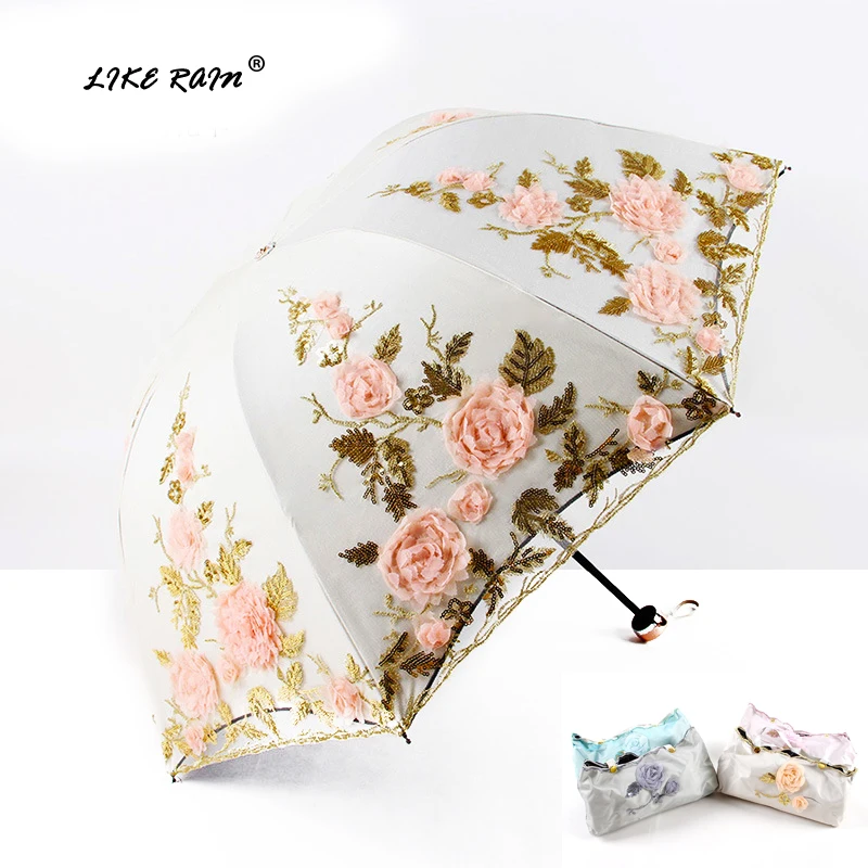 

LIKE RAIN Lace Umbrella Rain Women Folding Flower Double Layer Umbrellas Black Coating Anti UV Parasol Wedding Umbrellas UBY85