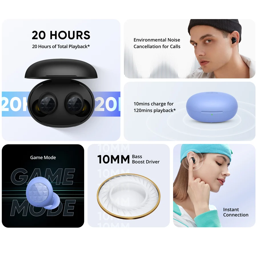 

Realme Buds Q2 Wireless Earphones TWS ENC Earbuds Ipx4 Waterproof Bluetooth 5.0 Touch Control 20 Hours of Total Playback