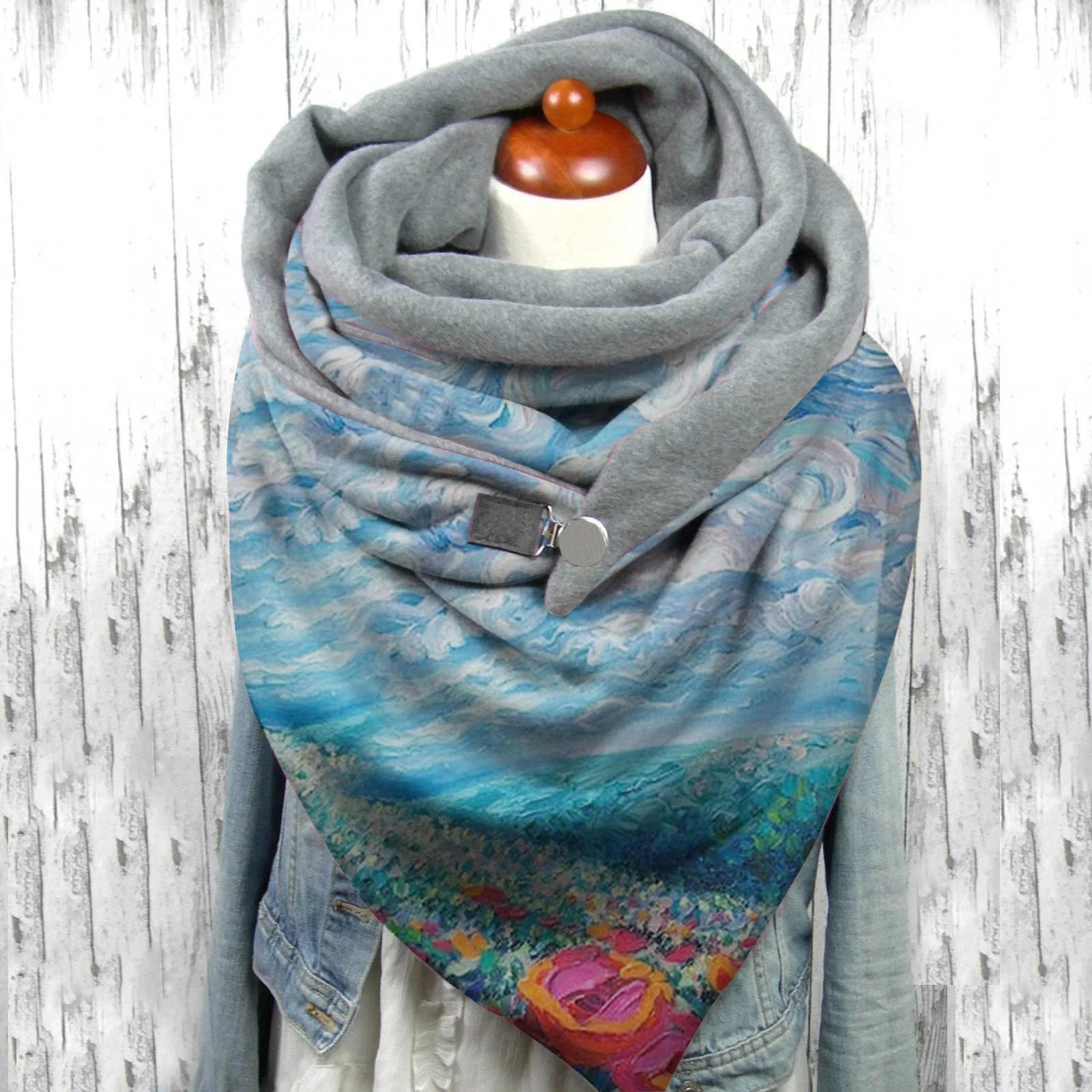 

2021 Fashion Winter Abstract Print Bib Scarf echarpe femme Women's Buckle Imitation Cashmere
