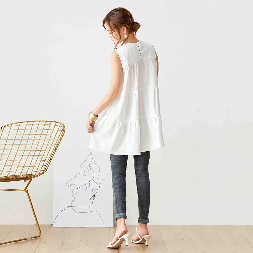 

Women Oversize Blouse Tops 2021 Summer Sleeveless Round Neck Pullover Casual Korean Style Female White Plain Simple Top Shirts