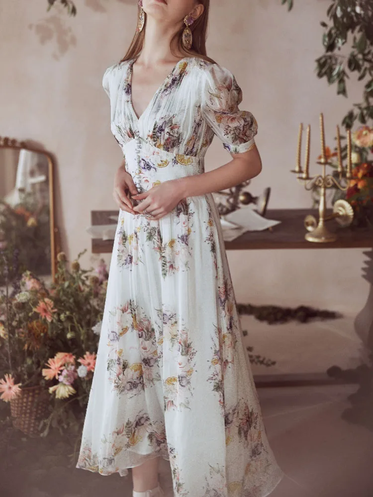 

Tightness heavy craft swing rayon printing Xia Jian women's pleated dress 2020New ladies summer retro fashion temperament dress