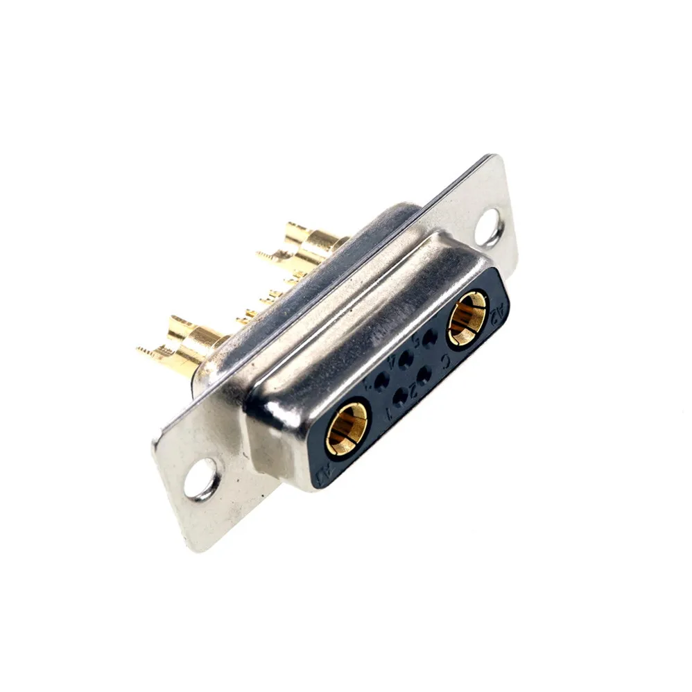 D-Sub Connector 30 AMP Current 7 Power Position 5+2  Combo Receptacle Socket Machined Pin 7W2 Gold Flash Panel Mount Wire Solder D-Sub Connector 30 AMP Current 7 Power Position 5+2  Combo Receptacle Socket Machined Pin 7W2 Gold Flash Panel Mount Wire Solder