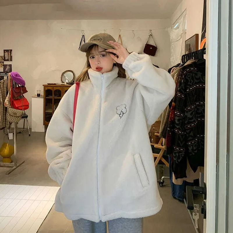 

Women Jacket 2021 Long-sleeved New Loose Plush Multicolor Stand-up Collar Coat Cartoon Bear Print Fall Clothes for Woman