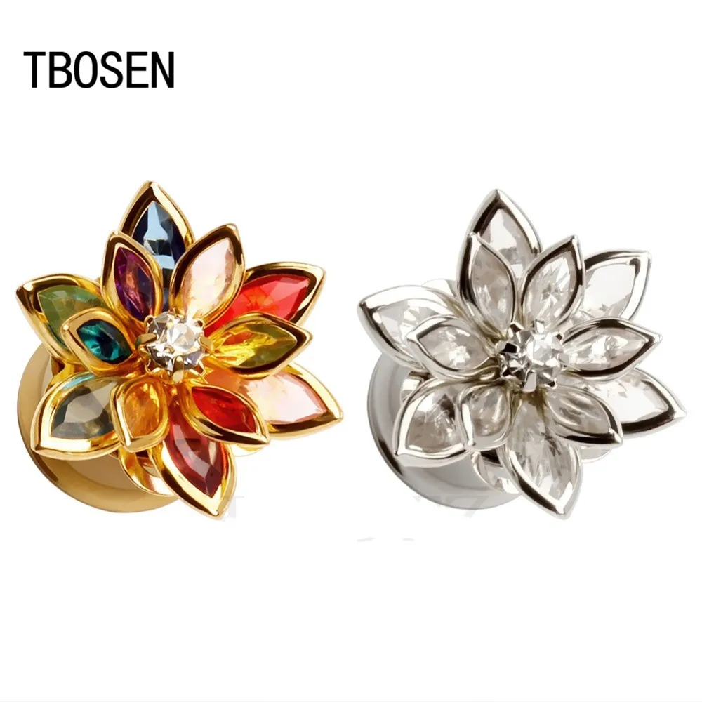 TBOSEN new arrival fashion flower ear plugs stainless steel gold tunnels piercing gauges metal body jewelry pair selling | Украшения и
