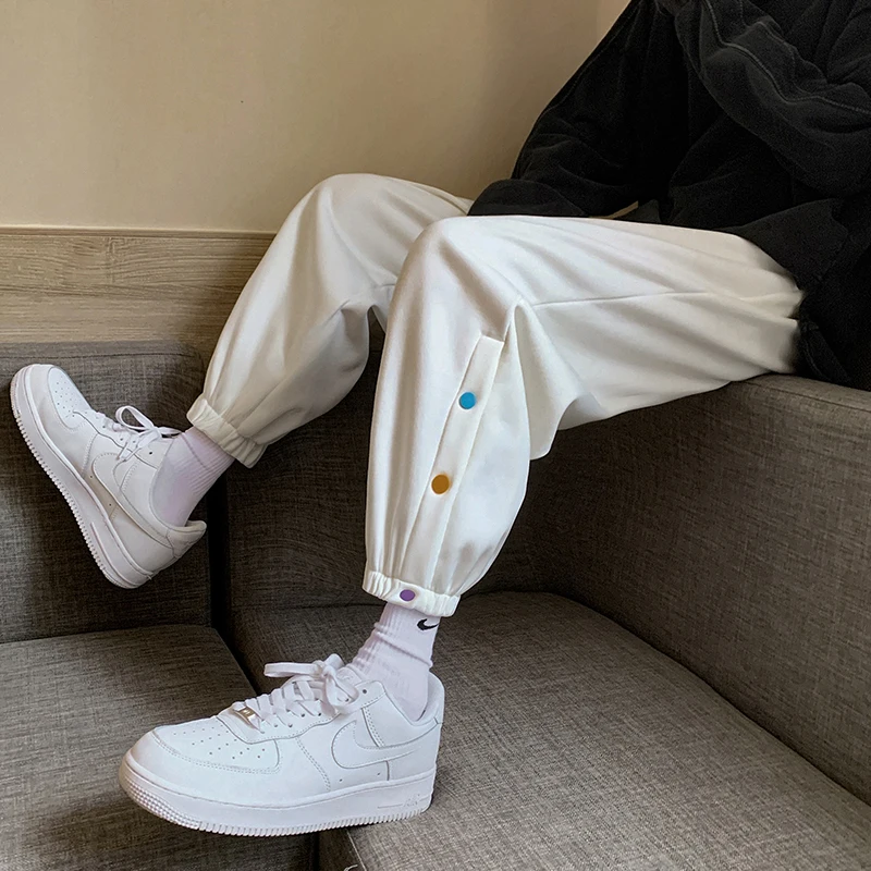 

2021 New Trend Men And Women Korean Style Casual Trousers Youthful Vitality Ankle-Length Tricolor Buttons Cotton Pants Size M-2X