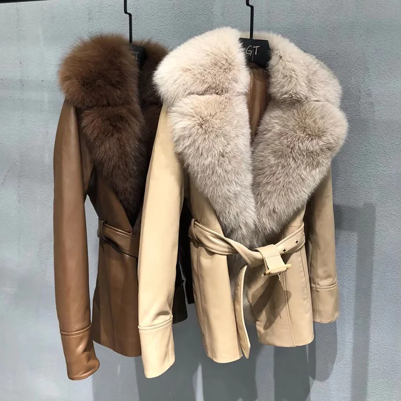 

SHZQ 2021 New Arrivals Real Fox Fur Collar Jackets Women's Genuine Sheepskin Leather Coats Winter Thick Warm Luxury Outwear