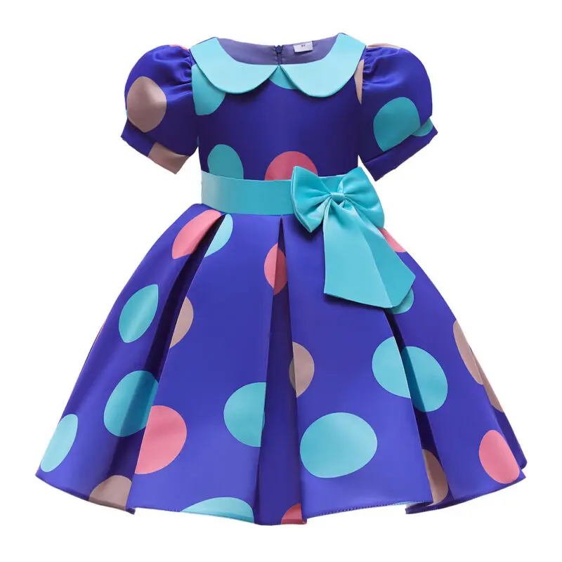 

Girls Bowknot Polka Dot Printed Puff Sleeve Swing Dress Kids Party A-Line Princess Dresses