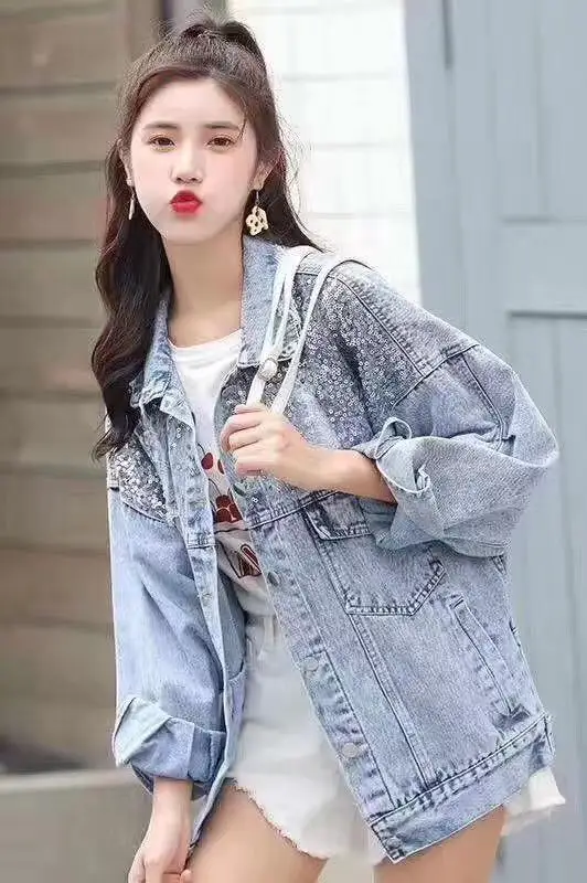 Джинсовая куртка женская xintiandi уличная Японская с пайетками джинсовая отложным