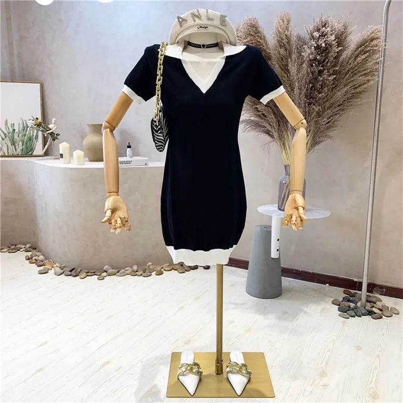 

Niche Design New Women's Clothing Summer 2021 Fashion Temperament Polo Neck Retro Contrast Puff Short Sleeve Knit Dress