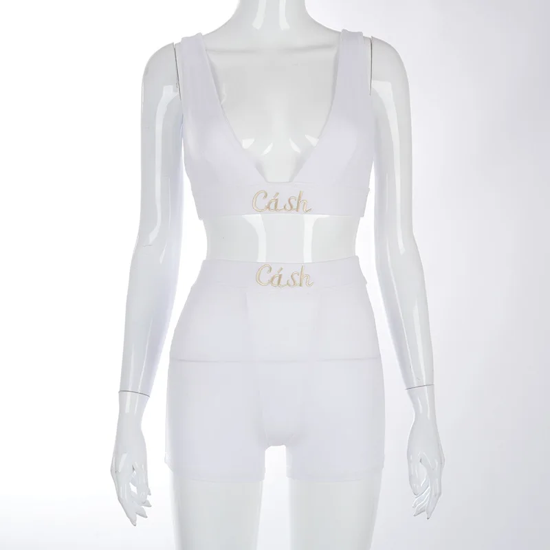 

BOOFEENAA Cash Embroidery Crop Top Shorts 2 Piece Sets Womens Outfits Summer 2021 Sexy Tracksuit Two Piece Loungewear C85CB17