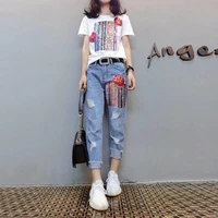 ripped sexy destroyed hole denim jeans for women plus size boyfriend patch work loose long pants ladies female trousers sets