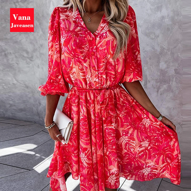 

Sexy V-Neck Half Sleeve Print Dress Women Button Stitching Chiffon Lace-Up Slim Mini Dresses Female Casual A-Line Dress Vestidos