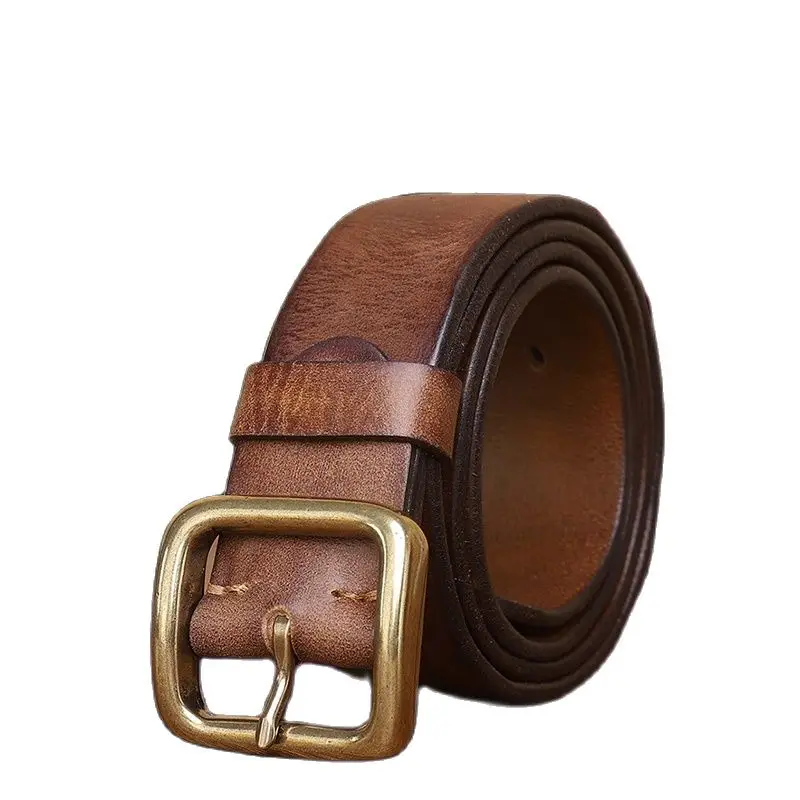 

Hand Made Retro Copper Buckle Men's Belt Washed Jeans Belt Pin Buckle Young and Middle-aged Head Leather belt