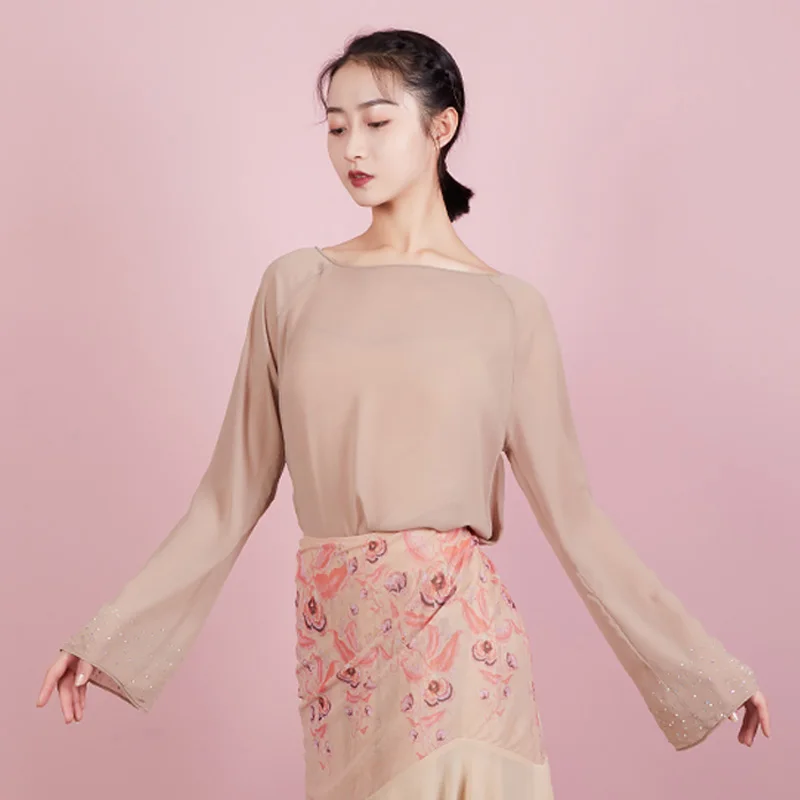 

2021 New Classical Dance Costume For Adult Modern Dancewear Dancer Outfit Fairy Ballerina Clothes Ballet Tutu Dance Sheer Top