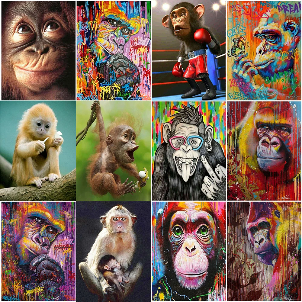 

5D DIY Painting Animals Round Diamond Embroidery Monkey Cross Stitch Mosaic Rhinestone Art Home Decor