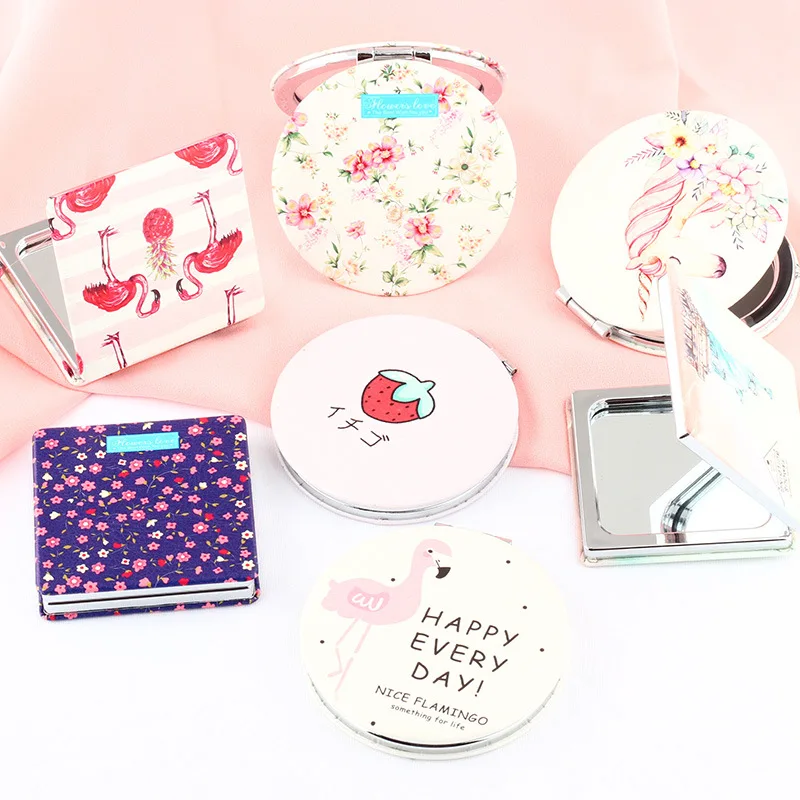 PU Folding Small Mirror Portable Makeup Pocket Mirror Round Mirror