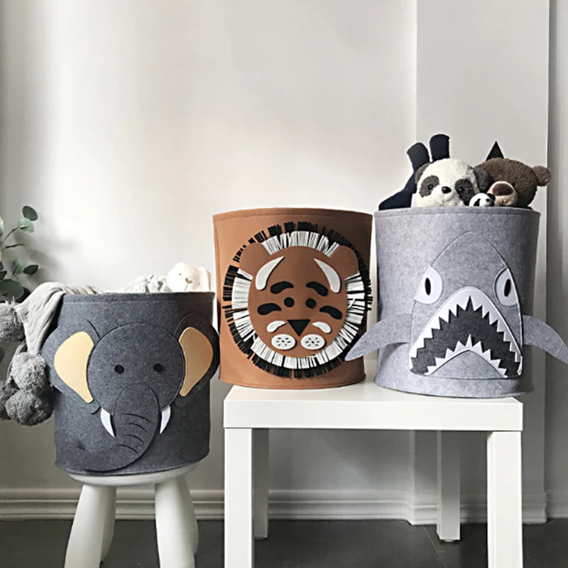 Cartoon Animal Felt Storage Bucket Dirty Clothes Toy Round Lion Shark Elephant Pattern | Дом и сад