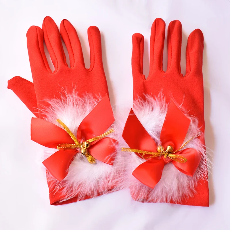 

Women Satin Christmas Gloves Red Dress Gloves With Bows Bells Sunscreen Summer Anti-UV Elastic Mittens Driving Full Finger Glove