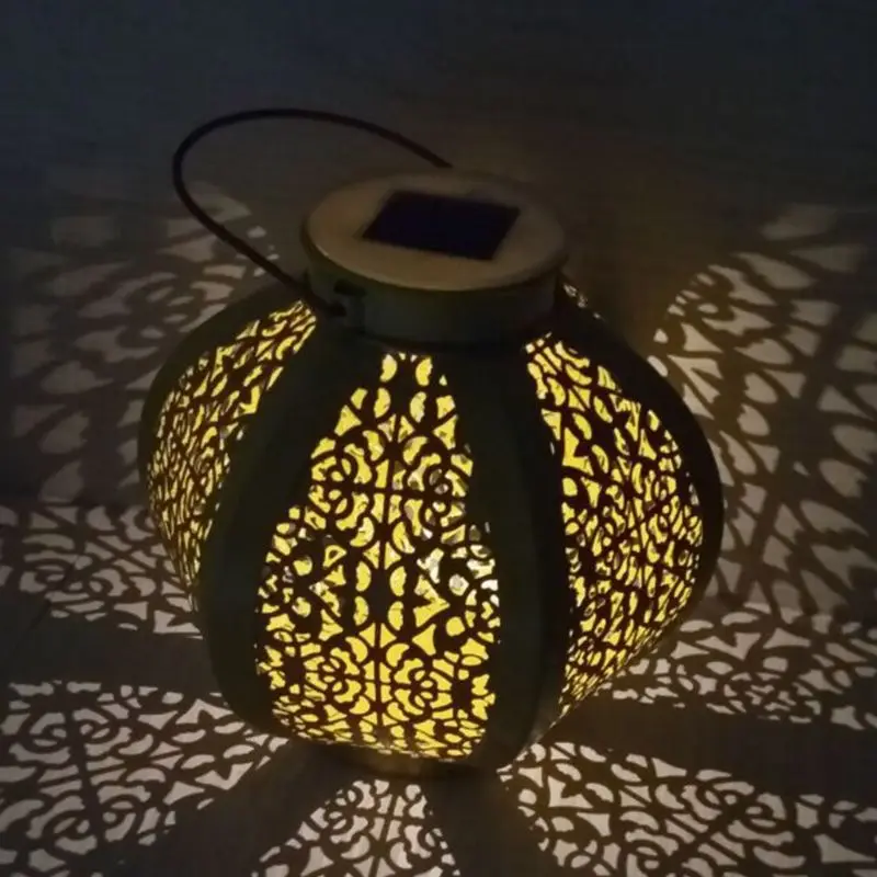 

Wrought Iron Solar Lanterns Portable Melon Pumpkin Shape Hollow Garden European Table Lamp