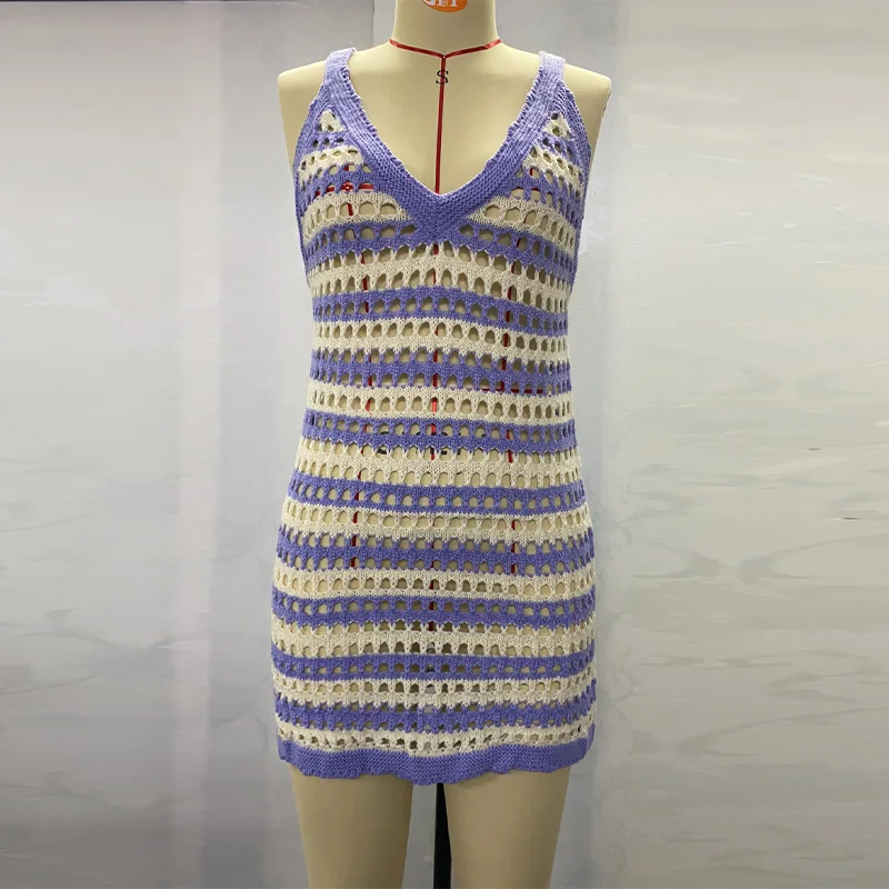 

Hallow Out Spaghetti Strap Knitting Lady Dress Strip V-neck Mini Backless Sleeveless Sexy Ladies Dresses Summer Fashion New 2021