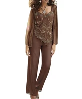 brown mother of the bride dresses sheath v neck chiffon beaded with jacket pants suit long groom mother dresses for weddings