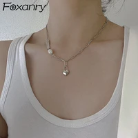 foxanry 925 stamp pearl necklace fashion vintage creative elegant design love heart birthday party jewelry for women