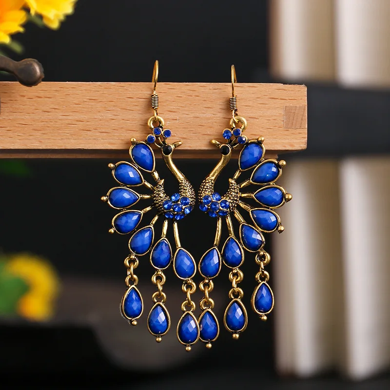 

Vintage Women's Peacock Shape Indian Jhumka Earrings Turkish Blue Stone Beads Carved Alloy Dangle Earrings Gypsy Tribal Jewelry)