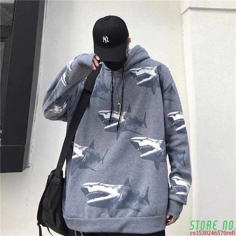 

Female Winter 2020 New Fashion Ins Shark Print Harajuku Loose Casual Plus Velvet Retro Hip Hop Jacket Jacket Hoodie Swea