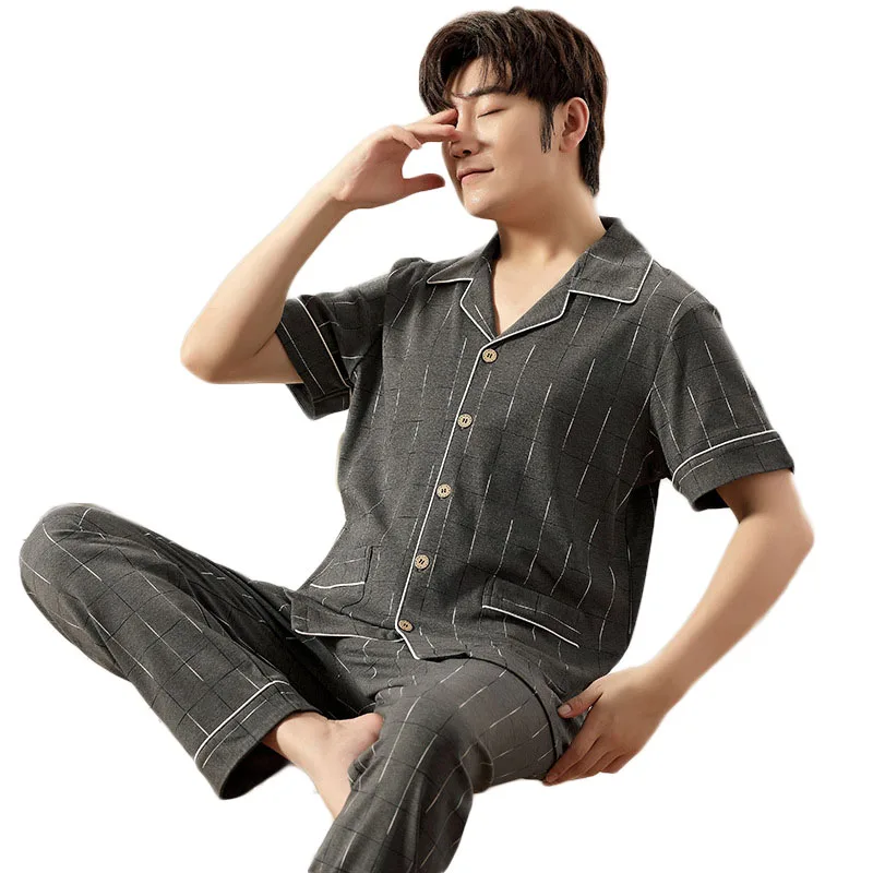 

Cardigan Men's Home Wear 2021 Sleep Tops Cotton Casual Plaid Men Summer Plus Size Pajama Short-sleeved Trousers Sleepwear