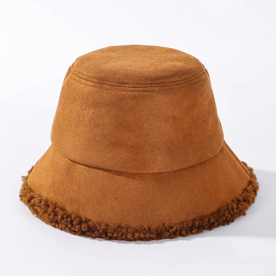 Suede warm Bucket Hat Women autumn and winter Cashmere splicing thickened  fisherman hat Casual basin cap