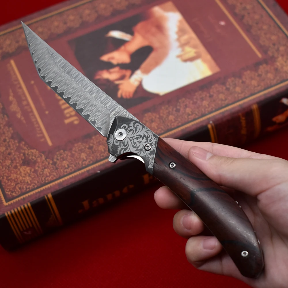 Складной нож из дамасской стали высокопрочный портативный Клинок для выживания