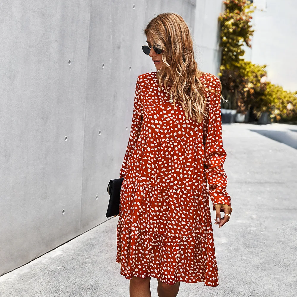 

2020 Autumn Women Elegant Casual Midi Dress Vintage Floral Printed Straight Dress Leopard O-Neck Long Sleeve Dress for Womens