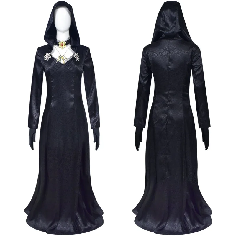 

Anime Bela Cassandra Daniela Cosplay Costume Game Biohazard Lady Dimitrescu Madam Dress Vampire Necklace Tattoo Brooch Halloween