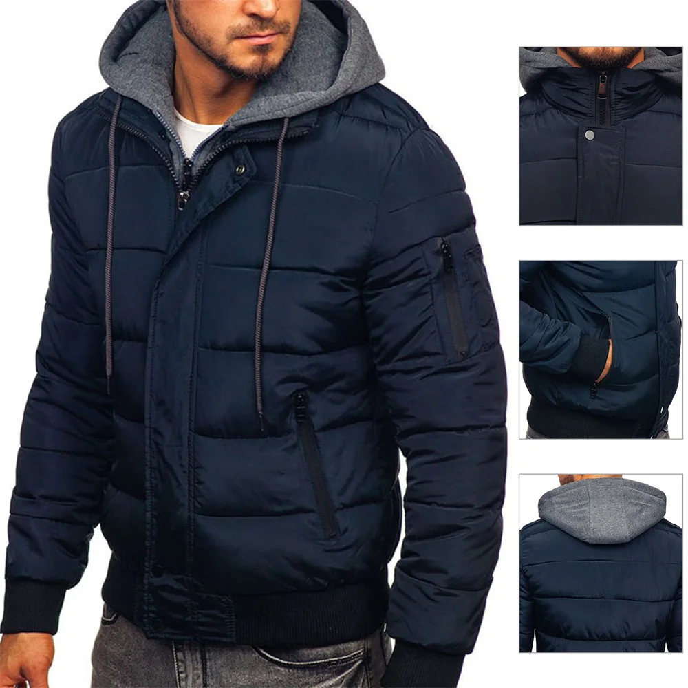 Winter Men Jacket Long Sleeve Casual Highly Warm Fake Two-piece Cardigan Winter Slim Jacket   Down Coat for Daily Wear Clothing