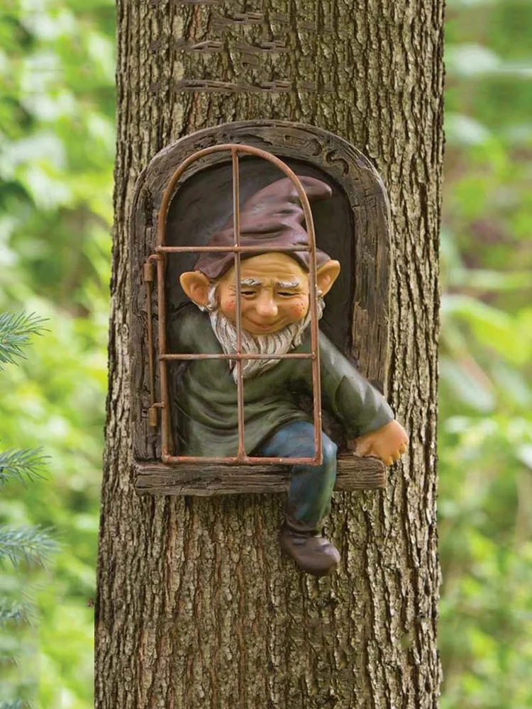 

Декор для дерева, статуя гнома для пожилых людей, открытое окно из смолы, Мультяшные поделки, садовый лес, эльфов, украшение для дома и улицы