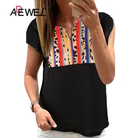 adewel black colorful striped leopard splicing woman t shirt harajuku ropa mujer plus size tops roupas feminina clothes 2xl