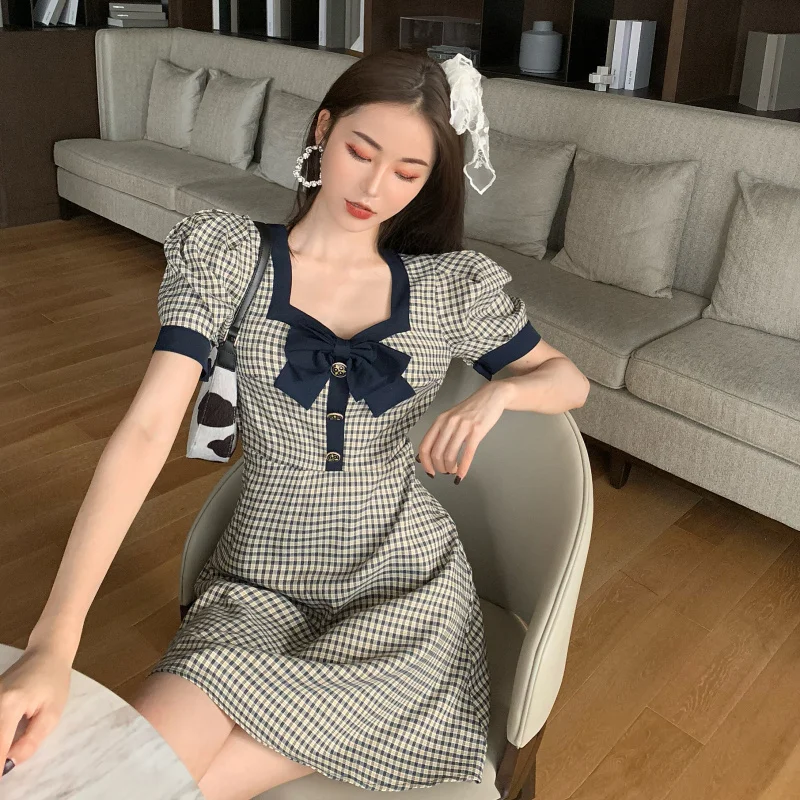 

Summer Women Short Elegant Plaid Puff Short Sleeve Dress Square Collar with Bow YOU88