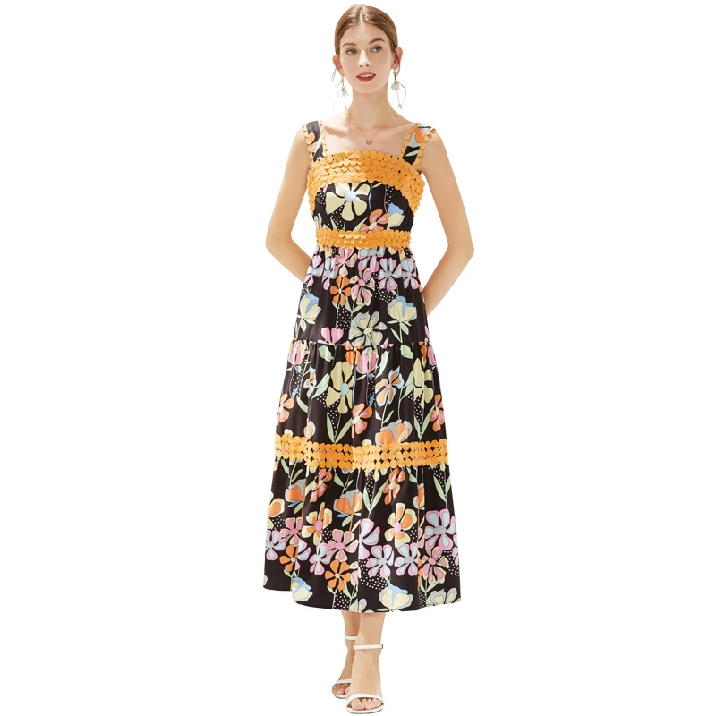 

Женское модельное праздвечерние чное платье с цветочным принтом, длинное кружевное платье на бретелях-спагетти с квадратным вырезом и бант...