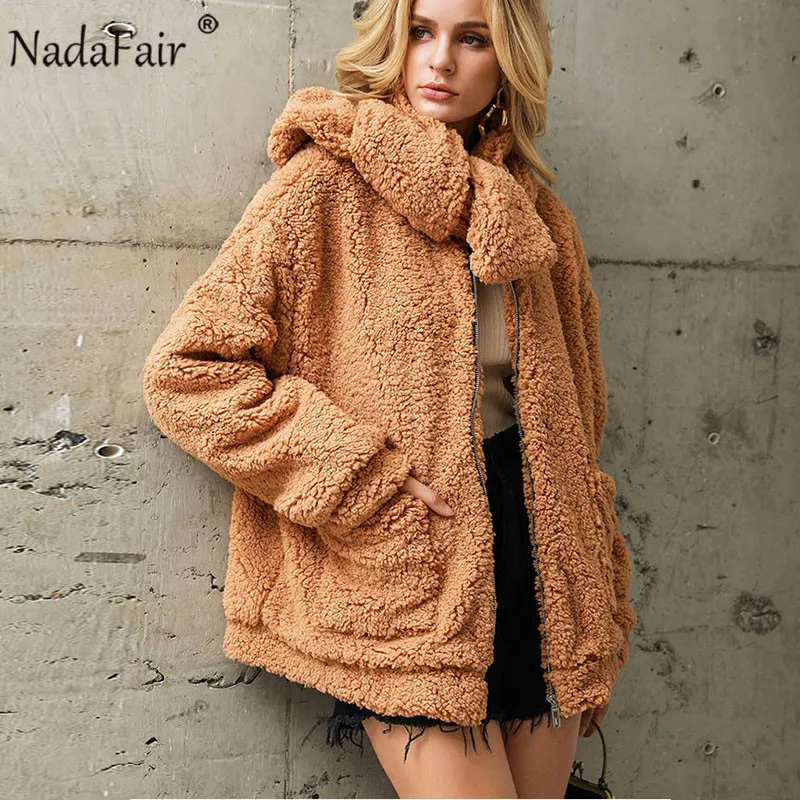 Nadafair зимнее пальто из искусственного меха для женщин, Осенний шарф на молнии, Теплое Мягкое повседневное плюшевое пальто, женская меховая куртка, плюшевое пальто размера плюс - Цвет: Хаки