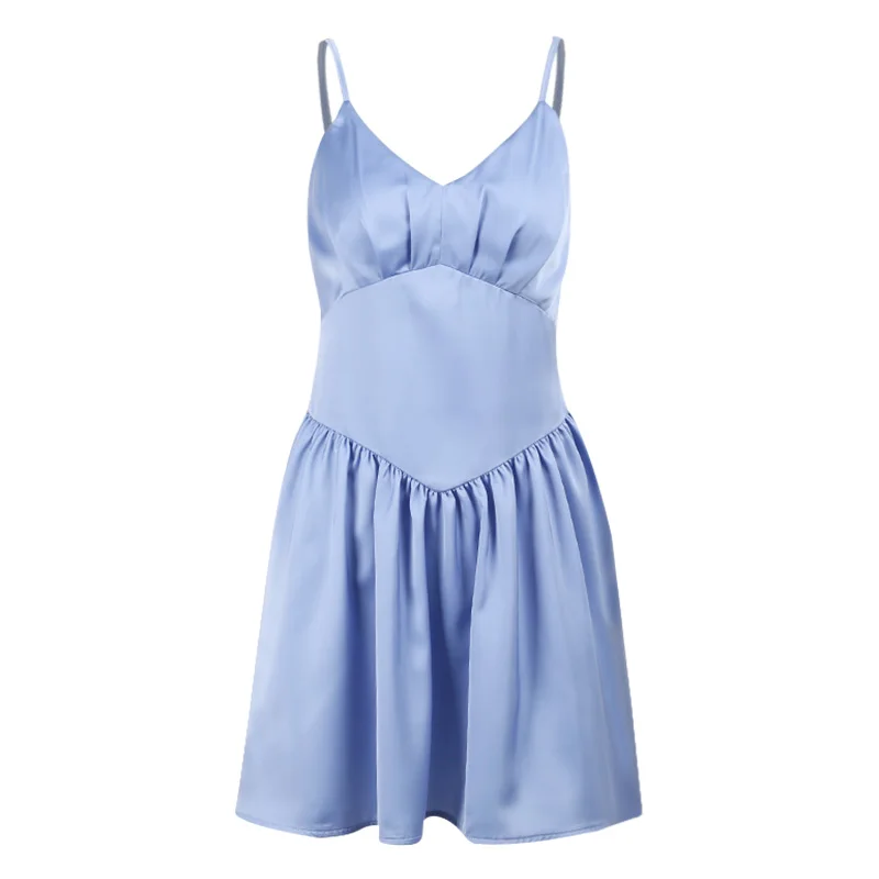 

InstaHot Silk Pleated A Line Cami Dress Summer 2021 Elegant Lady Party Club Baby Blue Mini Dress Vintage Sexy Satin Casual Dress