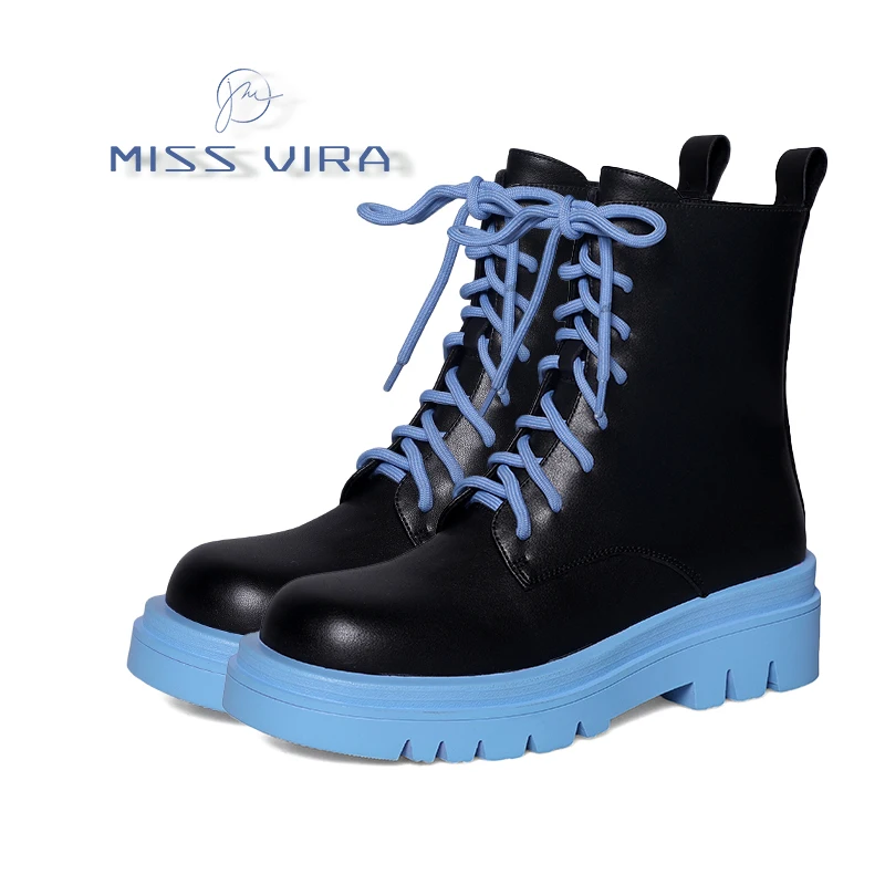

MISS VIRA Color Block Boots Women Ankle Boots Genuine Leather Fashion Flat Platform Booties Ladies Shoes Autumn Winter Boots