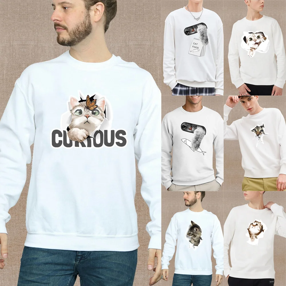 

Осенняя свитшот с длинным рукавом для поездок, Мужская одежда, повседневный теплый белый пуловер с круглым вырезом, толстовка с принтом в виде милой кошки