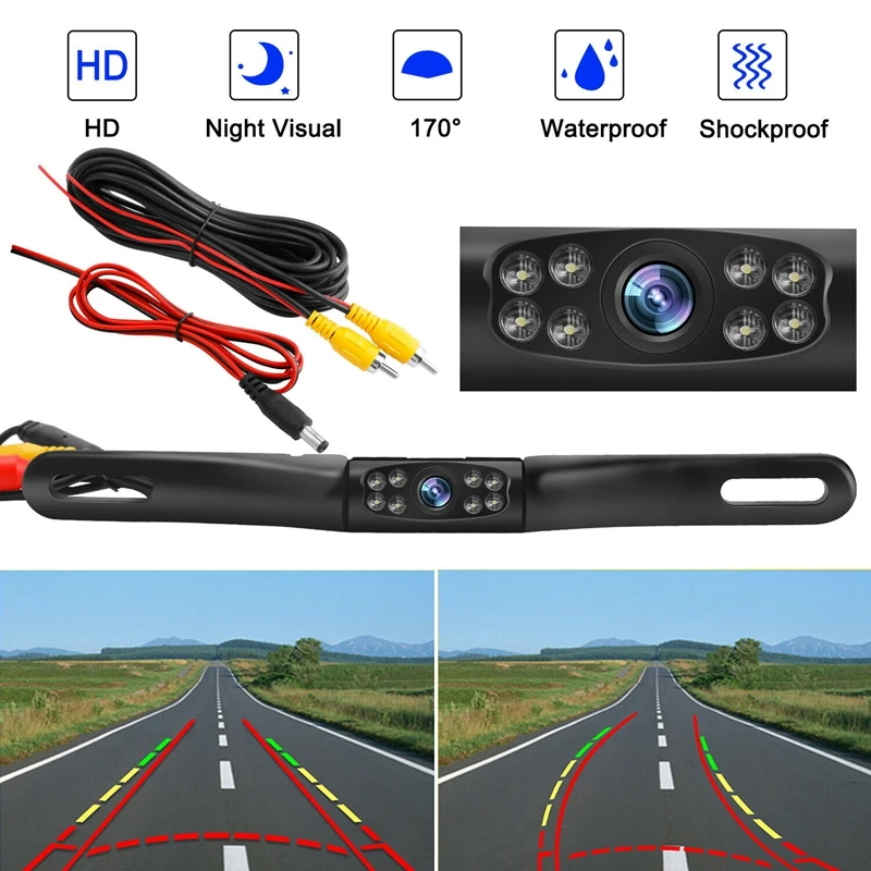 

Car Rear View Camera Waterproof Wide 170 degree Night Vision Backup Camera 8-LED Long License Plate Frame Camera