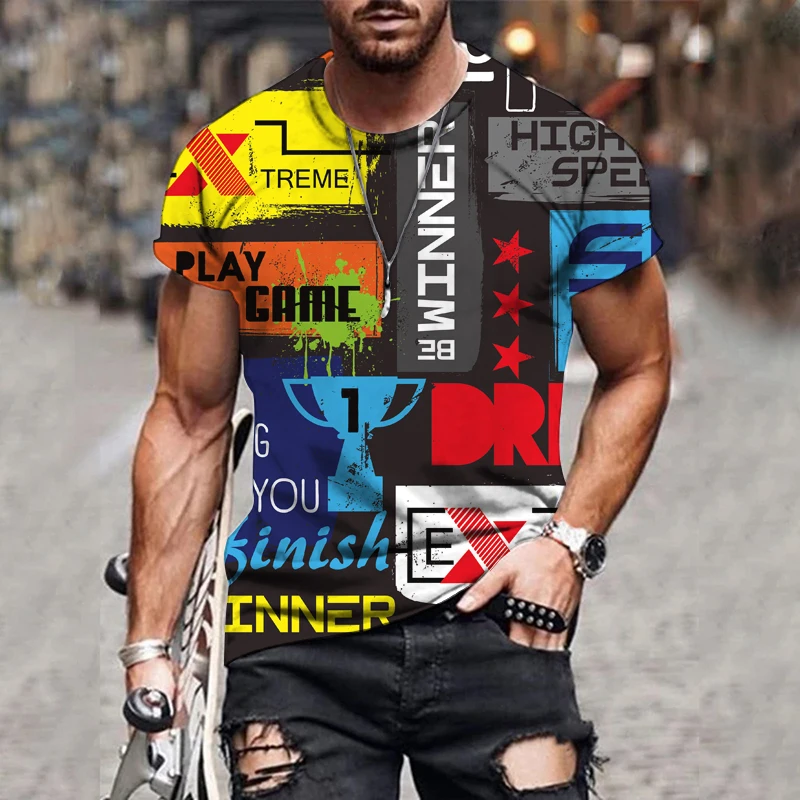

New Letters Print T Shirts Mens T-shirt Oversized Vintage Short Sleeve Tshirts Fashion Harajuku Ethnic Graffiti color matching